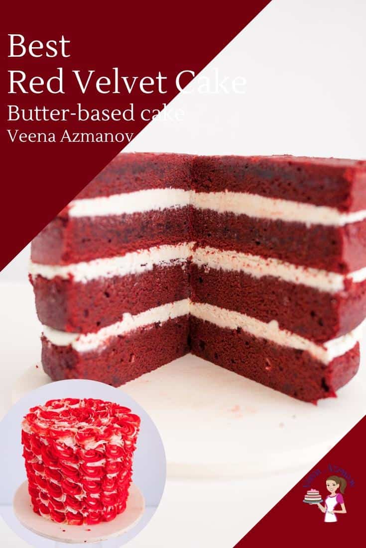 Progress photos of making a red velvet buttercream cake.