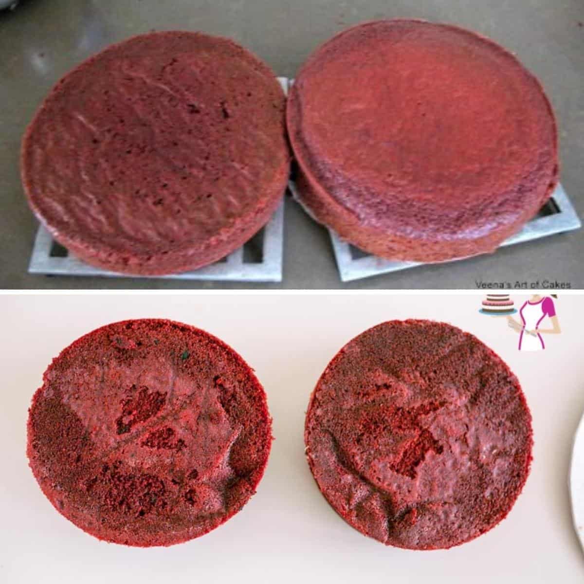 Baked red velvet cakes on cooling rack.