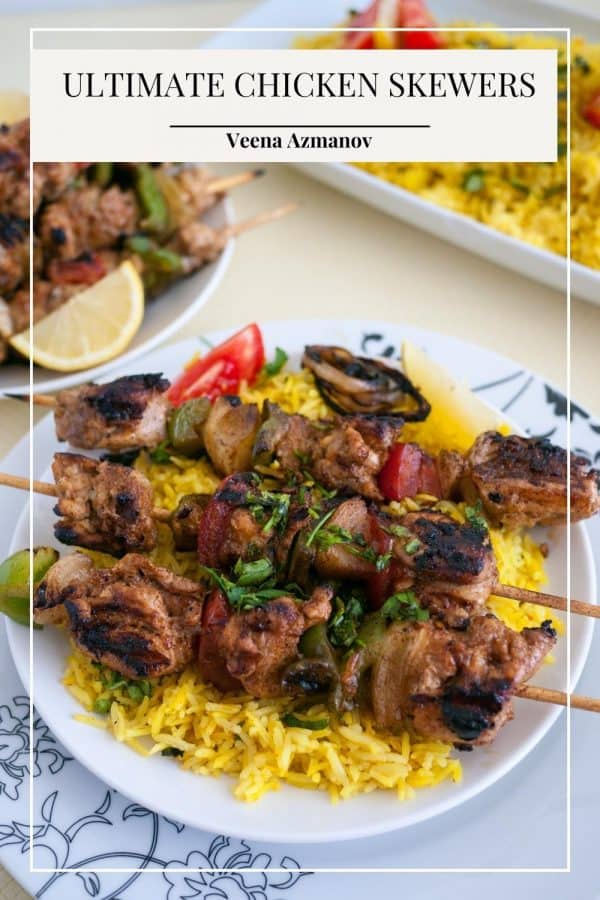Pinterest image for skewer chicken with Moroccan marinade.