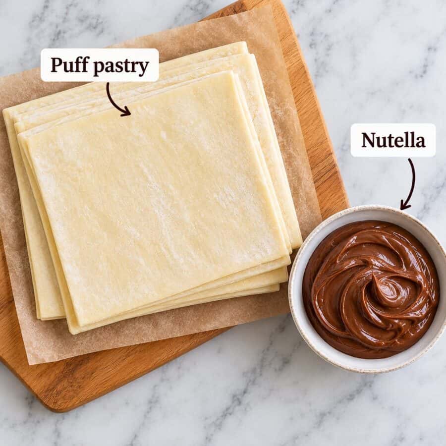 Ingredients for puff pastry with nutella.