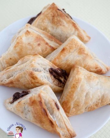 A plate of puff pastry with chocolate filling.