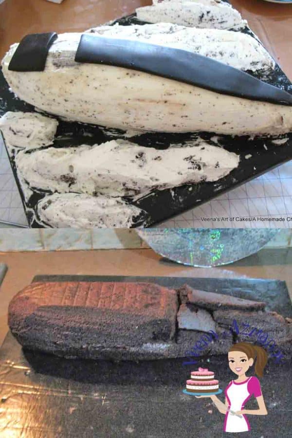 Progress photos of making a cake decorated to look like a submarine.