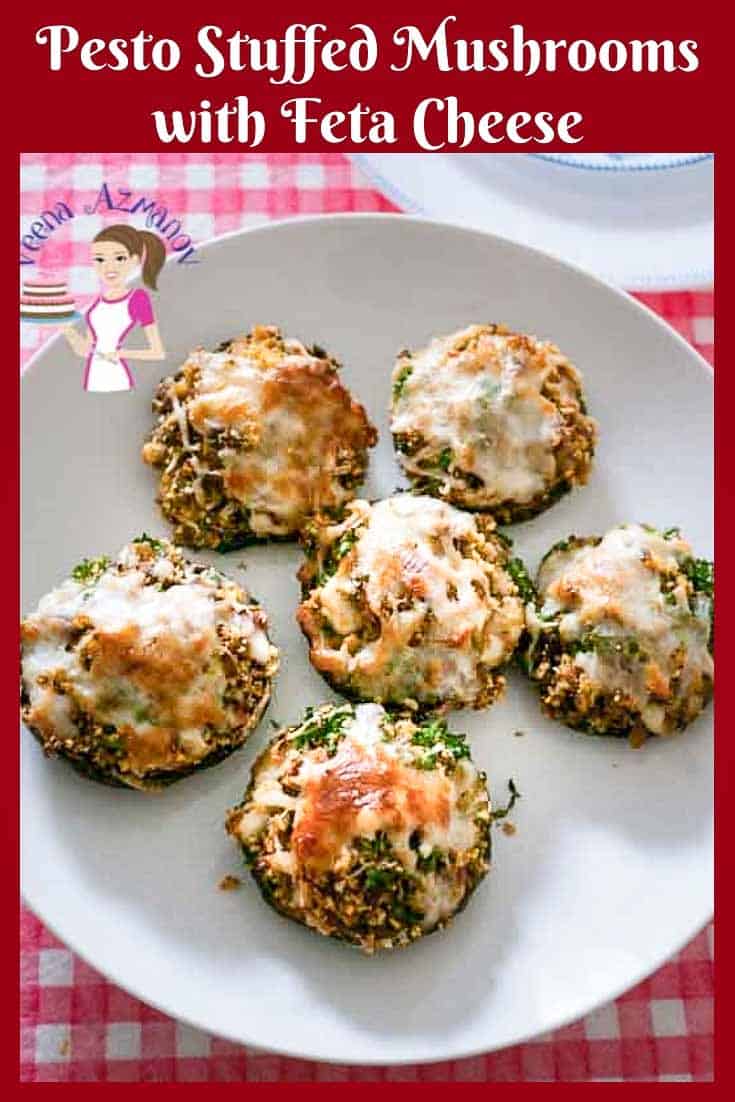A platter of mushrooms stuffed with Italian pesto and Feta Cheese with Progress Pictures