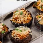 Pinterest image for pesto stuffed mushrooms.