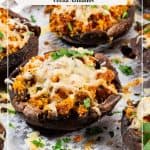 Pinterest image for pesto feta stuffed mushrooms.