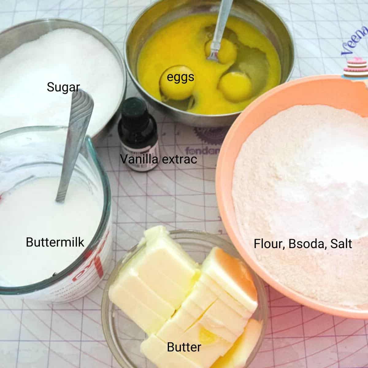 Ingredients shot collage for vanilla cake.