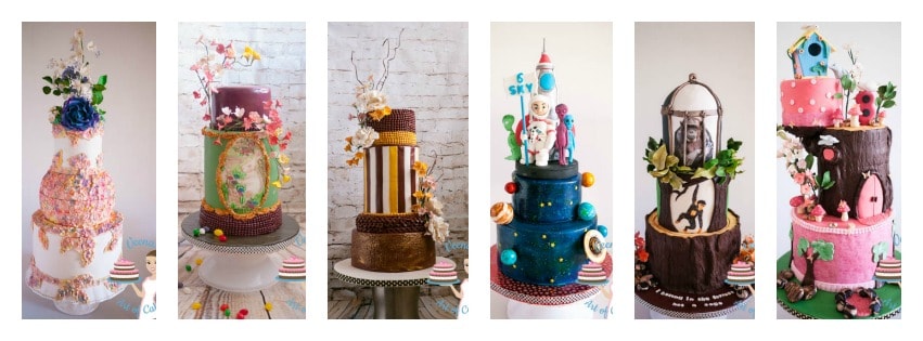 A collage of decorated cakes.