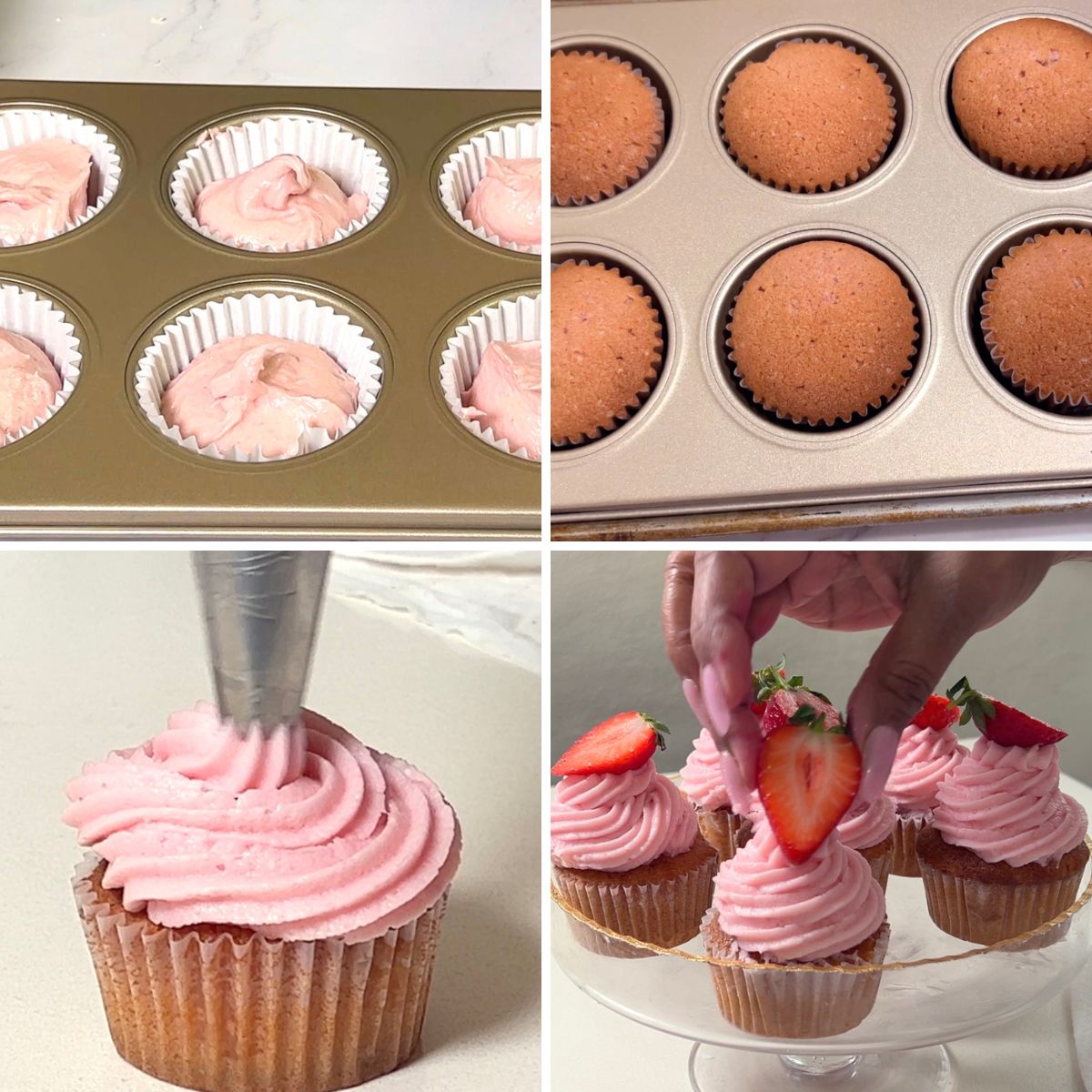 Progress pictures making strawberry cupcakes.