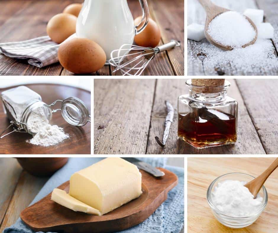 A collage of the ingredients for making a vanilla cake.
