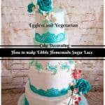 A wedding cake decorated with turquoise lace theme.