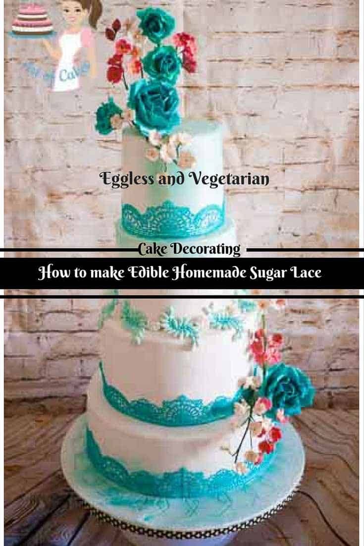 A wedding cake decorated with turquoise lace theme.