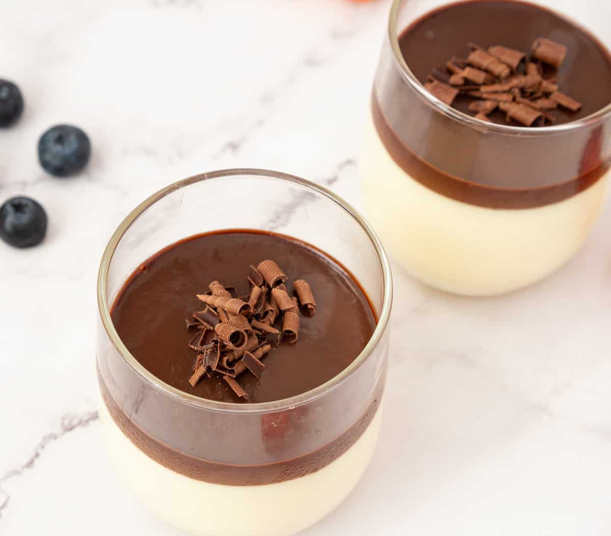 Creme Bavarios topped with chocolate sauce.