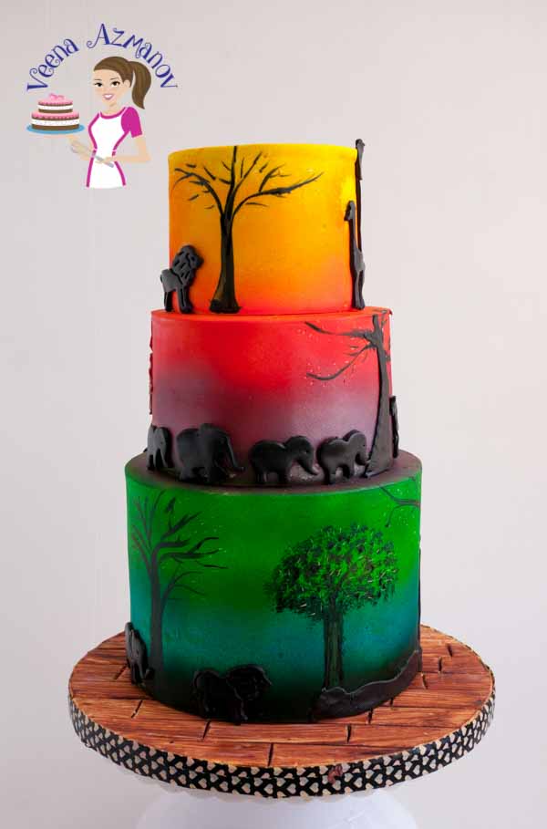 A cake decorated in an African safari theme.