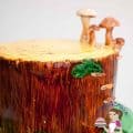 A cake decorated to look like a tree stump.