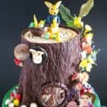A cake decorated to look like a tree stump.