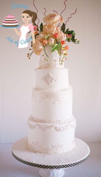 Peony Lace White Wedding Cake