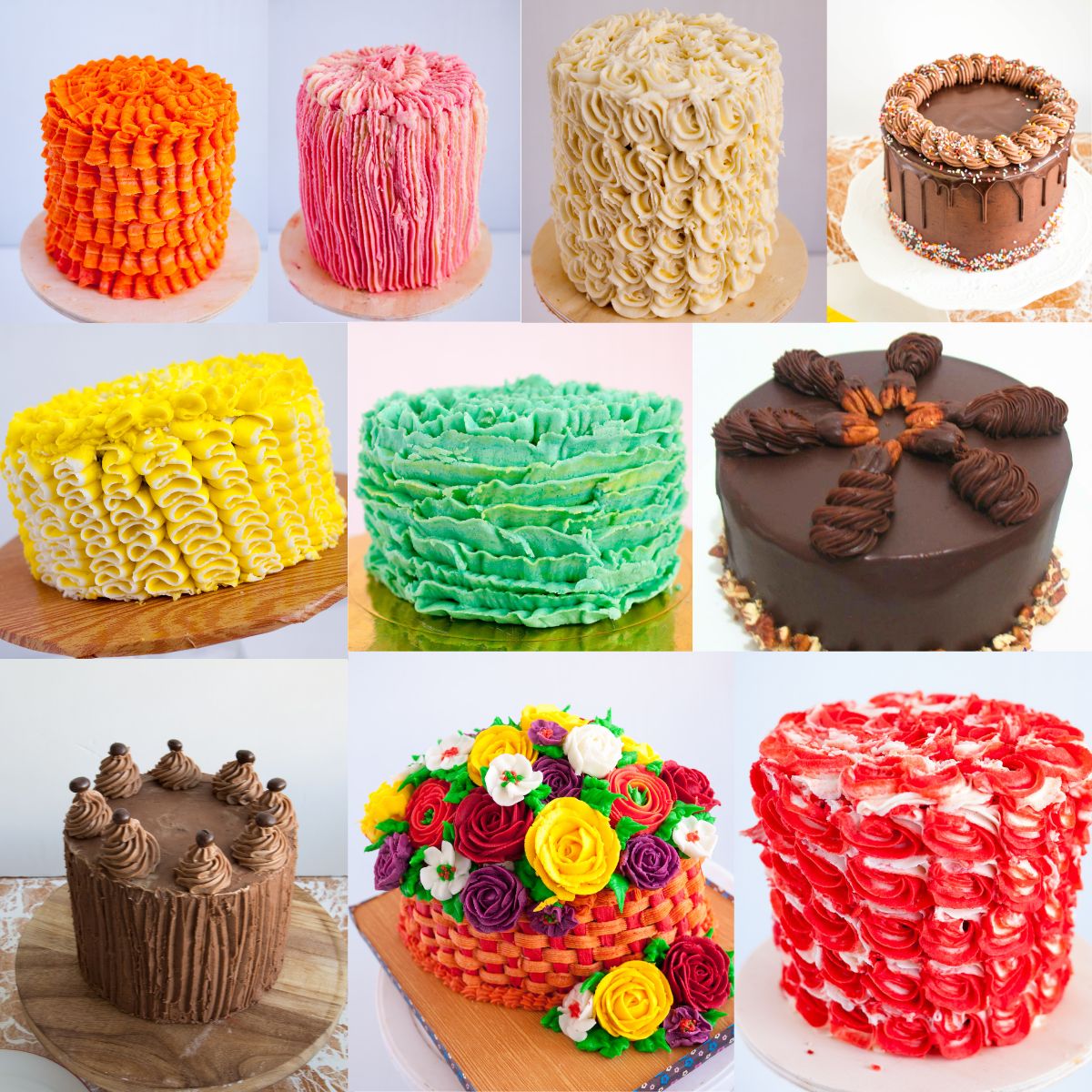 Collage of cakes with different buttercream flavors.