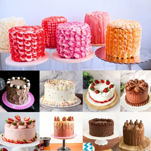 A collage with different cakes in different buttercream Flavors.
