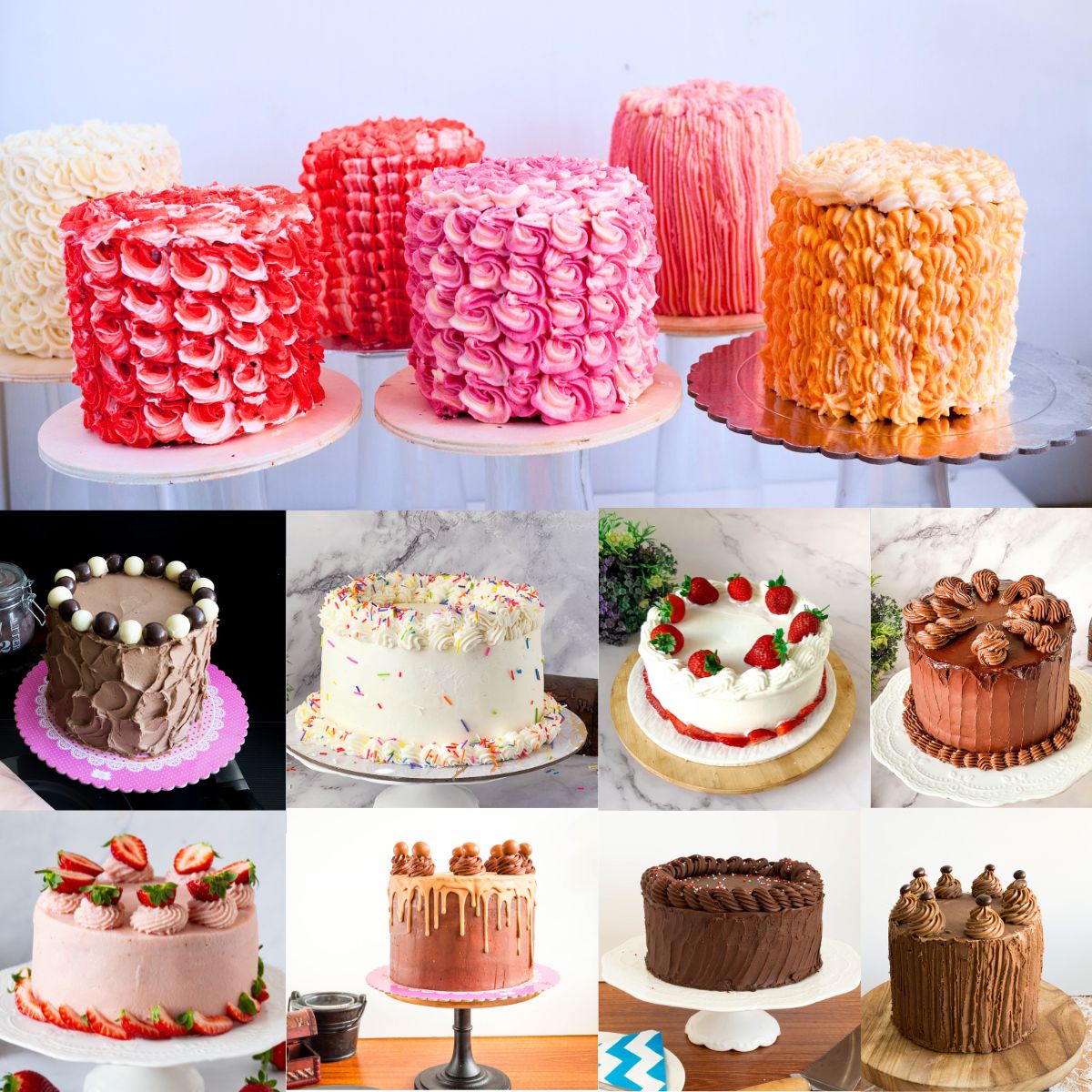 A collage with different cakes in different buttercream Flavors.