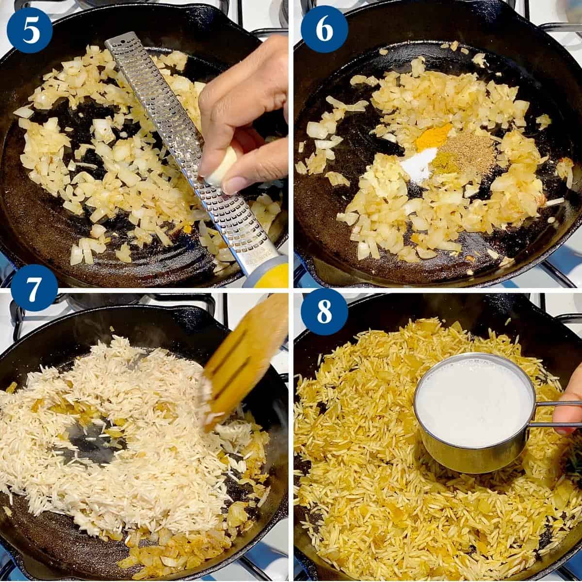Progress pictures cooking the rice with coconut milk and turmeric.