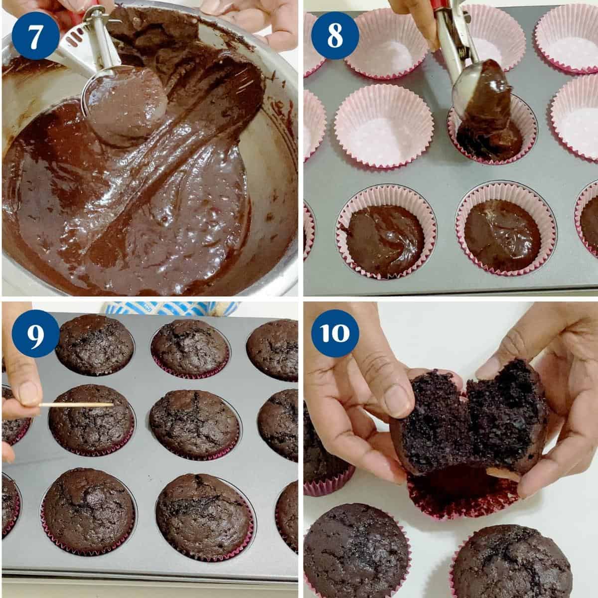 Progress pictures collage baking chocolate cupcakes.