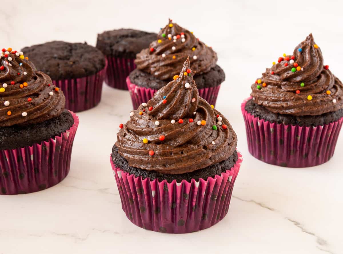Easy chocolate cupcakes on a table. 