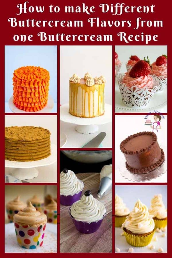 A collage of cakes decorated with different buttercream flavors.