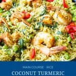 Pinterest image for rice with prawns.