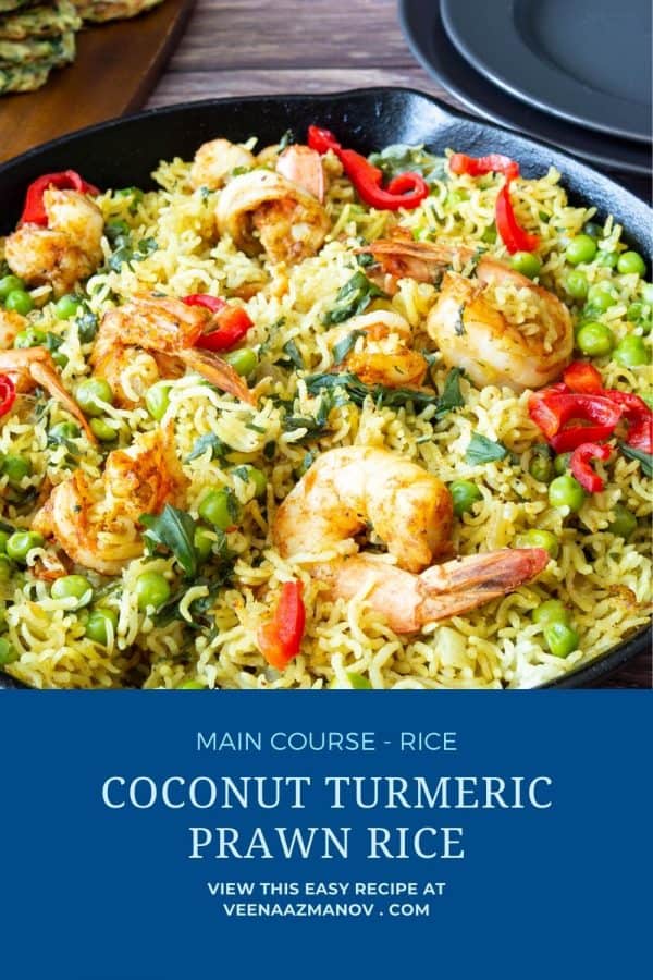Pinterest image for coconut turmeric rice with peas and prawns.