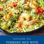 Pinterest image for prawns with turmeric rice.
