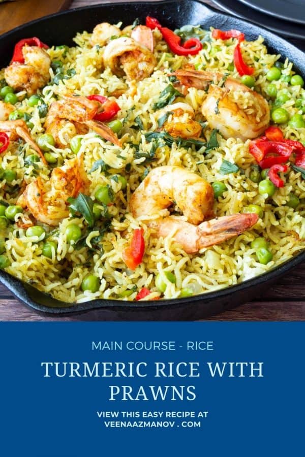Pinterest image for prawns with turmeric rice.