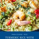 Pinterest image for prawns with turmeric rice.