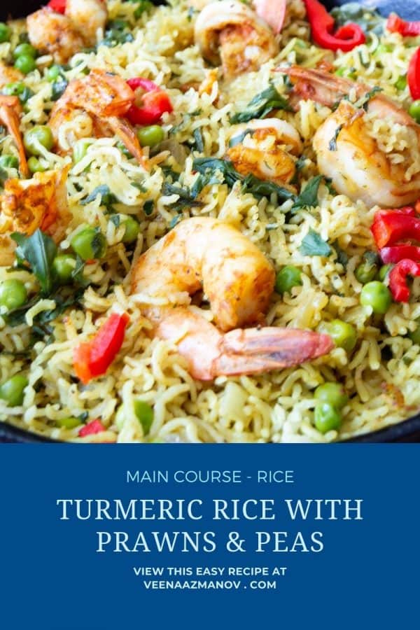 Pinterest image for prawns with turmeric rice.