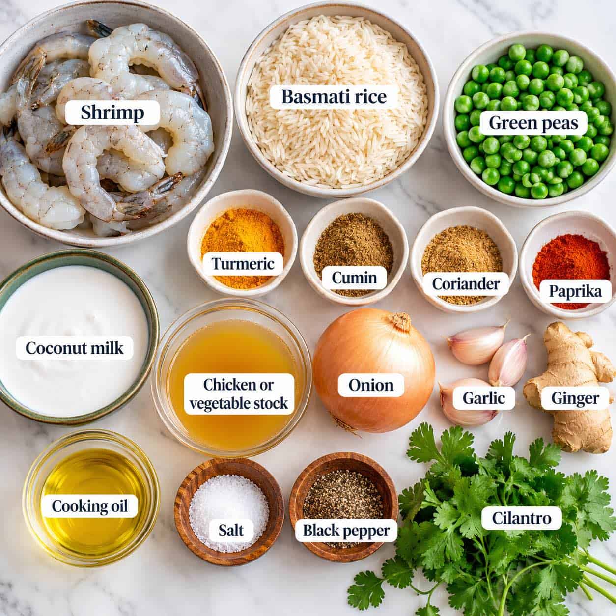 Ingredients for making turmeric shrimp rice.