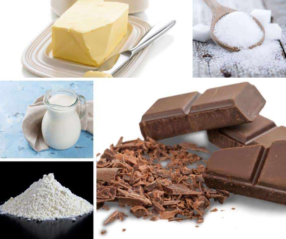 A collage of the ingredients for making a Chocolate ganache tart.
