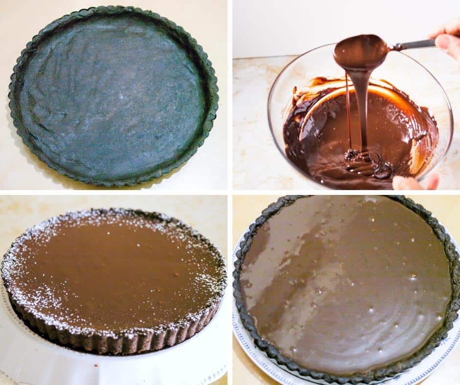 A collage of progress photos of making a chocolate ganache tart.