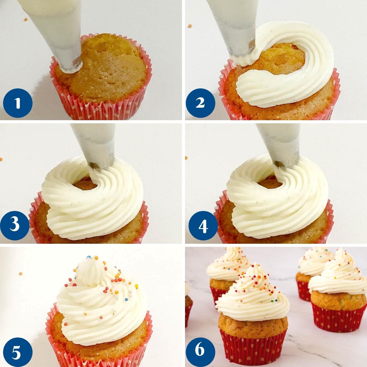 Progress pictures showing how to frost a cupcake swirl.