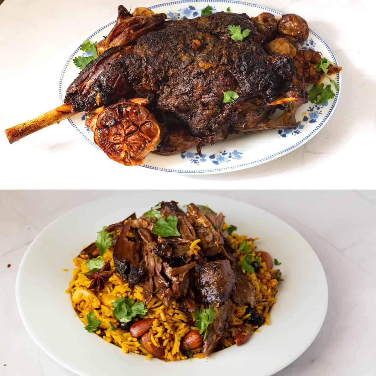A collage with a plate of rice and a leg of lamb.
