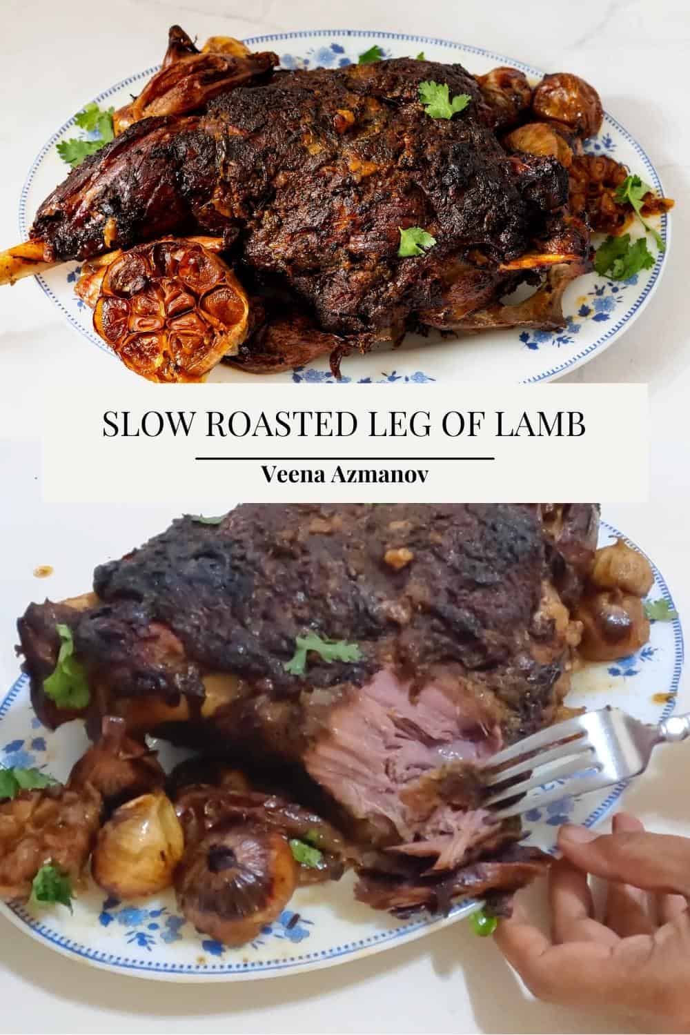Pinterest image for slow roasted Leg of Lamb with Ras El Hanout.