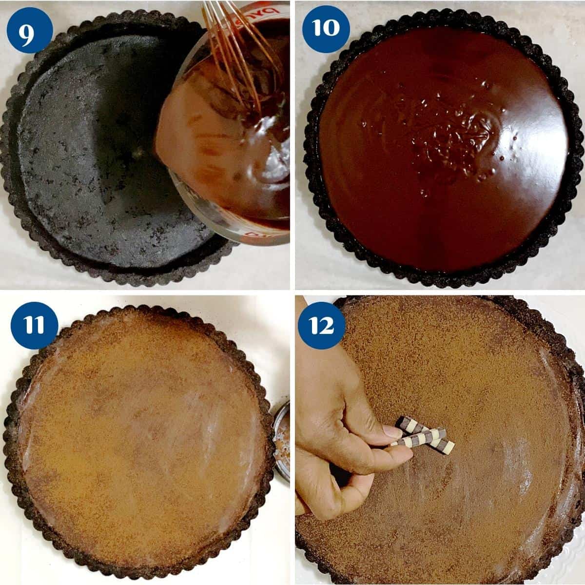 Progress pictures assembling the chocolate ganache tart.
