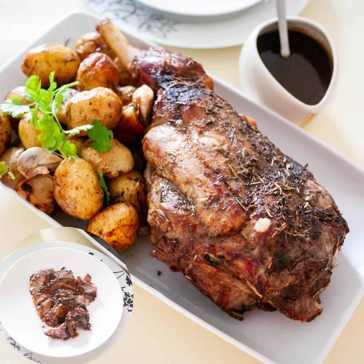 Roast Leg of Lamb (Olive oil Marinade) Red Wine Gravy - Veena Azmanov