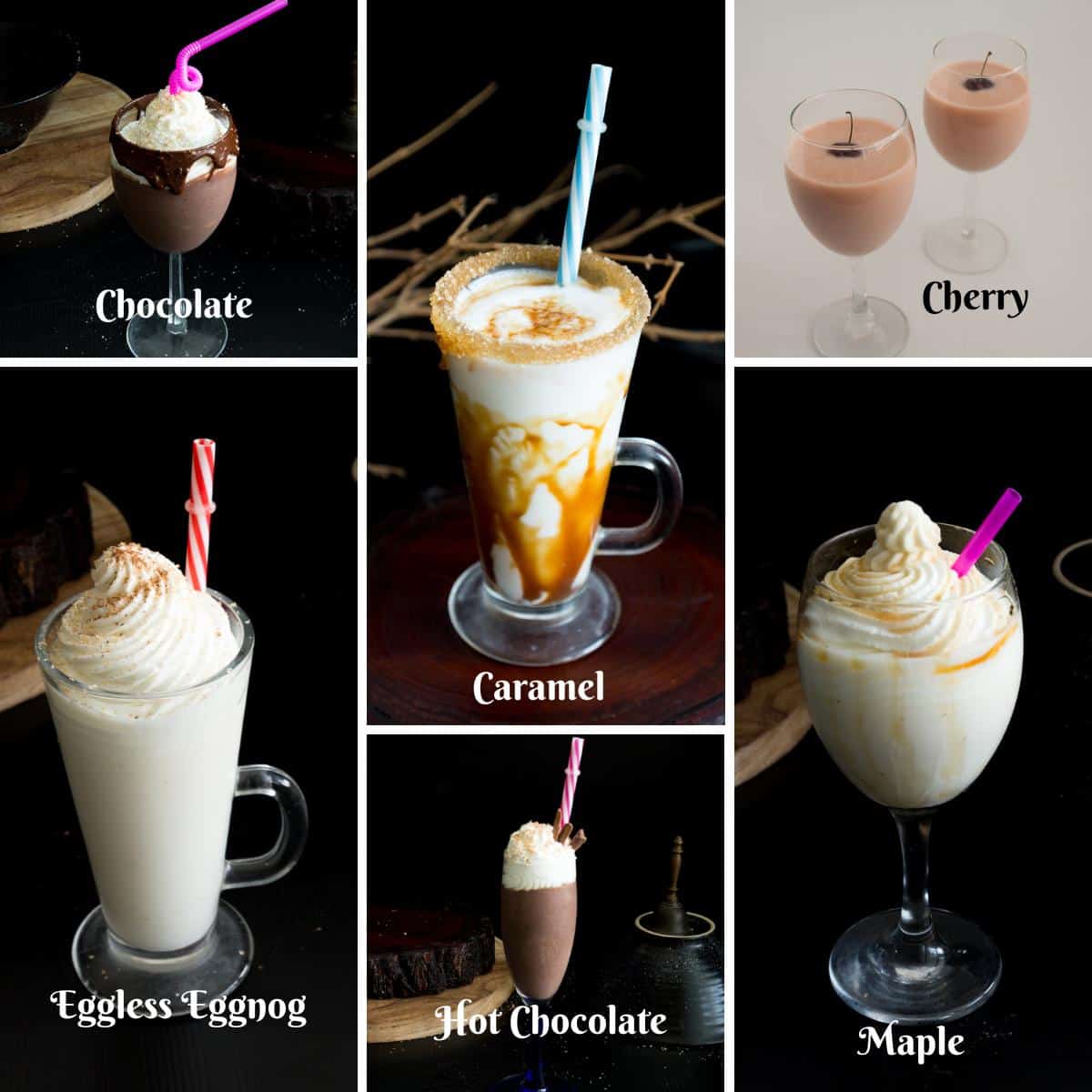 A collage with different flavors of eggnog.