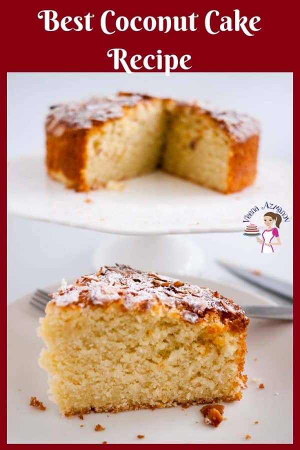An image optimized for social sharing - for this simple coconut cake recipe made using desiccated coconut using a one bowl method. A simple and easy coconut cake.