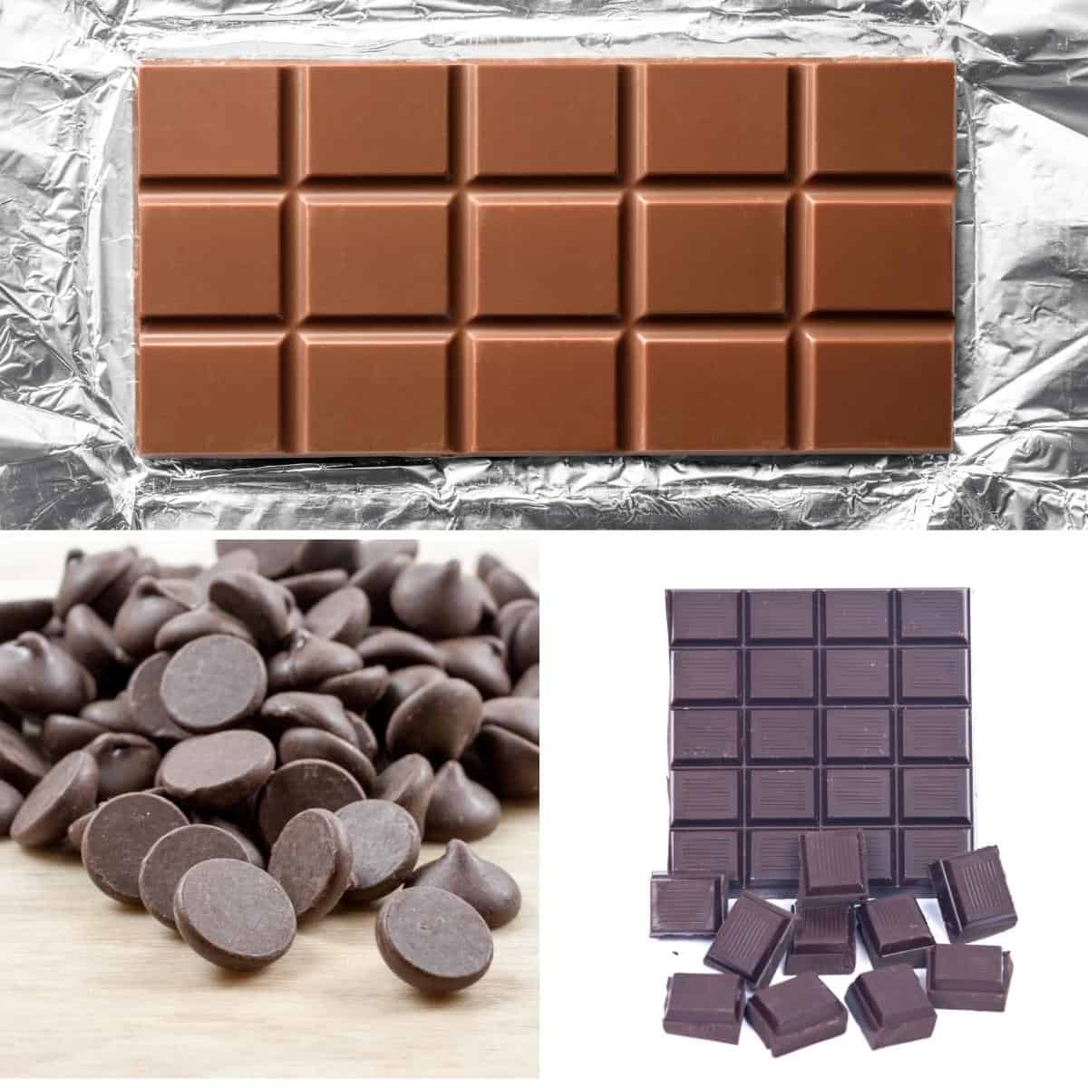 Chocolate bar, chocolate chips and coverture chocolate