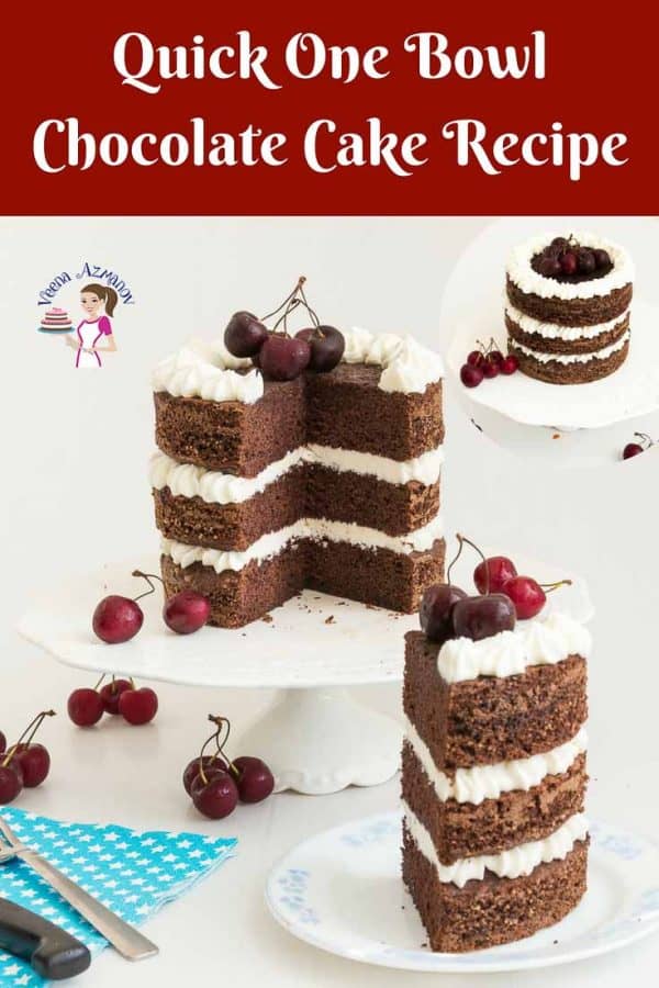 A Pinterest optimized image for one bowl chocolate cake made featuring the chocolate cake with American Buttercream and decorated with cherries