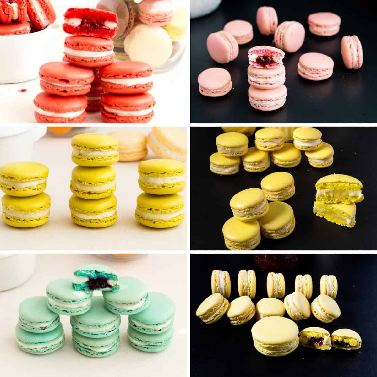Collage of many different macarons.