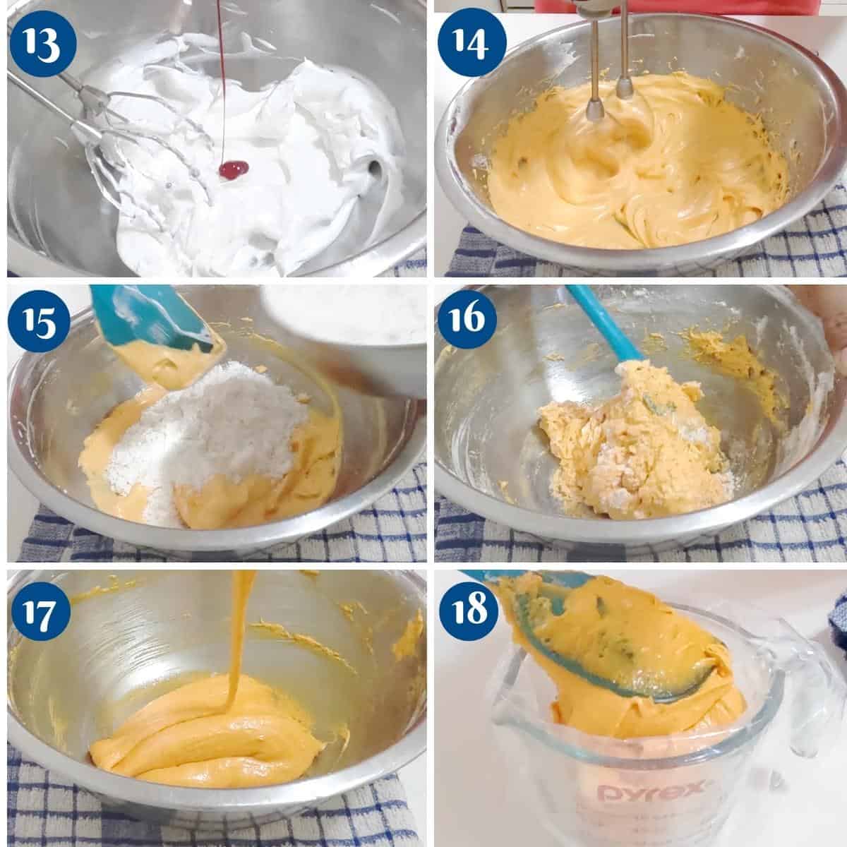 Progress pictures color the meringue with orange gel food coloring.
