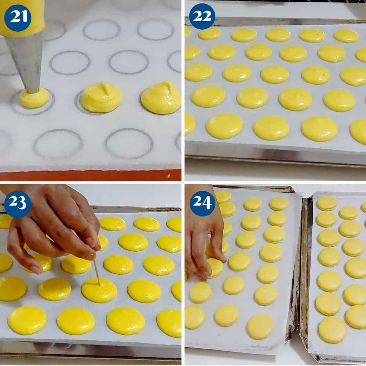 Progress pictures baking French Lemon Macarons. 