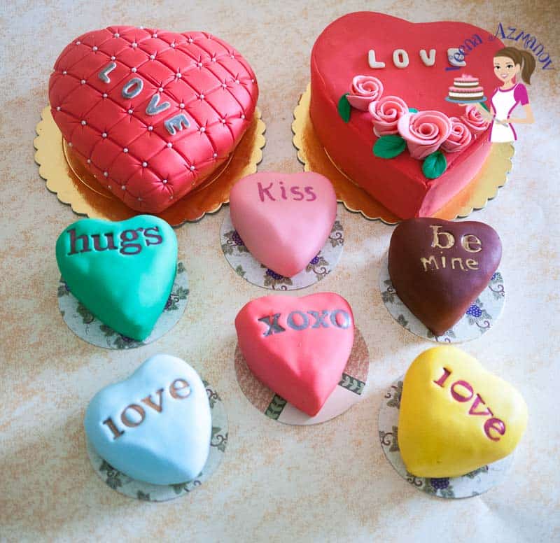 A collection of Heart-shaped cakes and mini cakes.