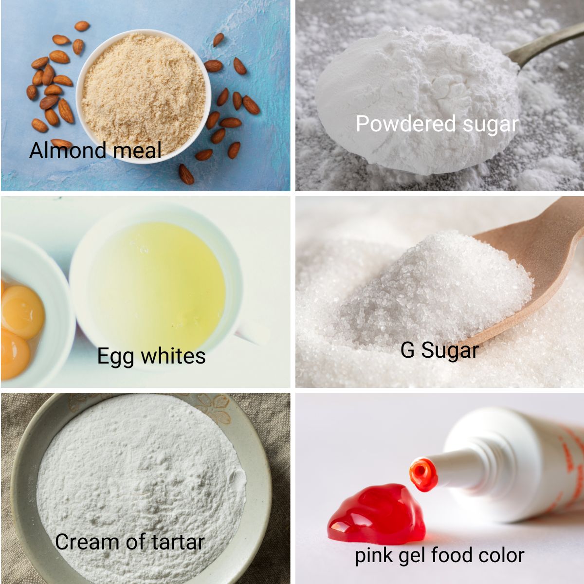 Ingredients for making heart shaped macarons.